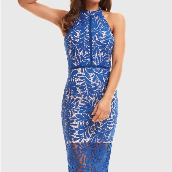 SHEIN Slit Hem Guipure Lace Overlay Pencil Dress Women's Size Small Blue - Picture 4 of 14